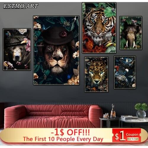 Canvas Painting Abstract Art Flower and Lion Poster HD Tiger Elephant Animal Print Picture Living Room wall Decorative Paintings