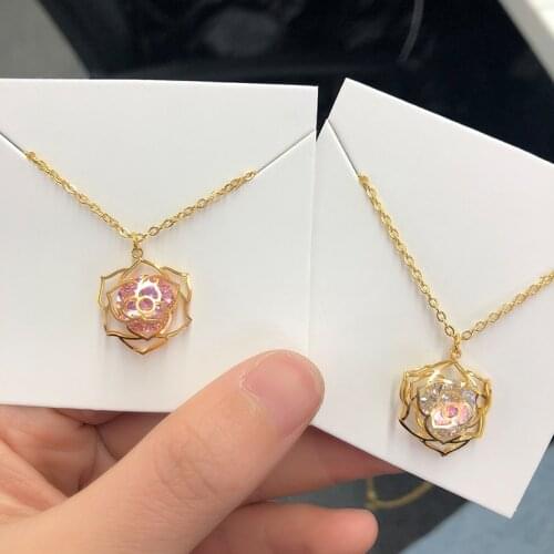 Exquisite Hollow Rose Flower Necklace White Pink Luxury Moissanite Pendant Necklaces For Women Romantic Wedding Jewelry Mom Gift