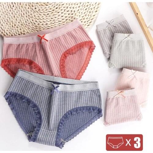 Plaid Lace Panties With High Waist Underwear Women Set Pink Green Kawaii Lingerie Cute Intimate Accessories Cotton Woman Shorts