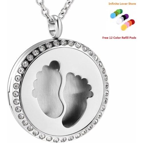KLH0357 "Baby Feet"Stainless Steel Aromatherapy Essential Oil Diffuser Necklace Locket Pendant with Refill Pads