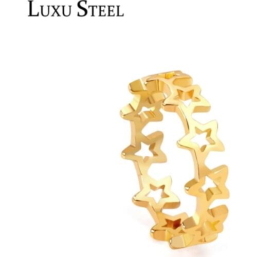 LUXUSTEEL Simple Style Gold Color Hollow Out Star Rings Women Men Size 6-9 Stainless Steel Finger Rings Wholesale