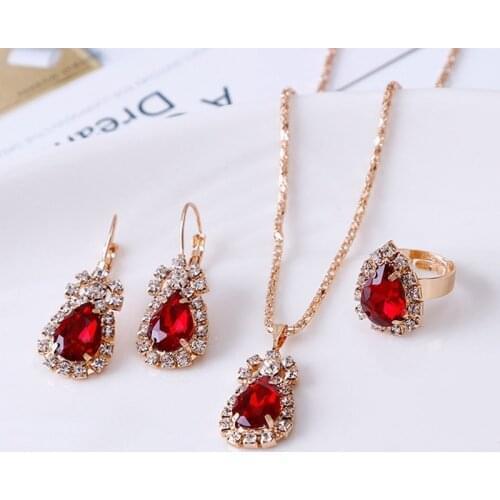 3Colors Jewelry Sets Hoop Earrings Water Drop Earrings Red Jewelry Set Rhinestones For Women Pendant Necklace/Earrings/Rings