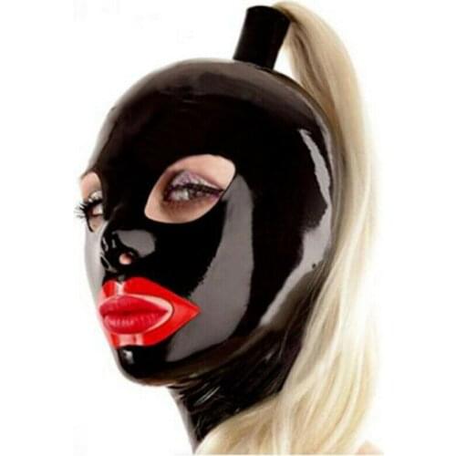 Latex Hood with Long Golden Wig Back Zipper Rubber Mask with Blond Pigtail Cos harness adult adult toys