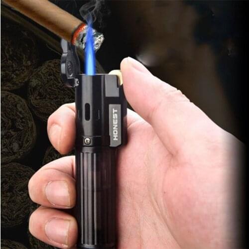 Metal Gas Male Creative Small Spray Gun Blue Flame Grinding Wheel Cigar Butane Visible Gas Window Lighters