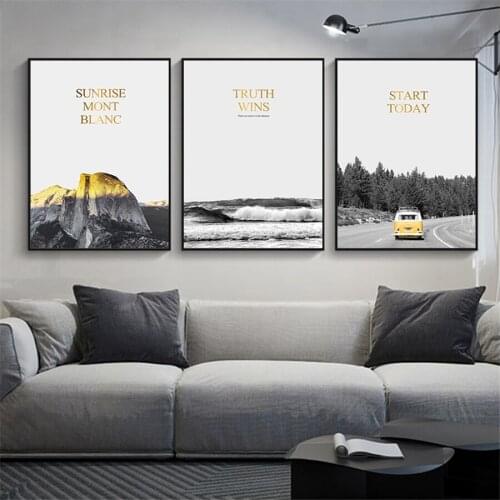 Minimalist Highway Bus Mountain Canvas Painting Landscape Sea Wave Black Yellow Poster And Print Art Travel Canvas Wall Pictures
