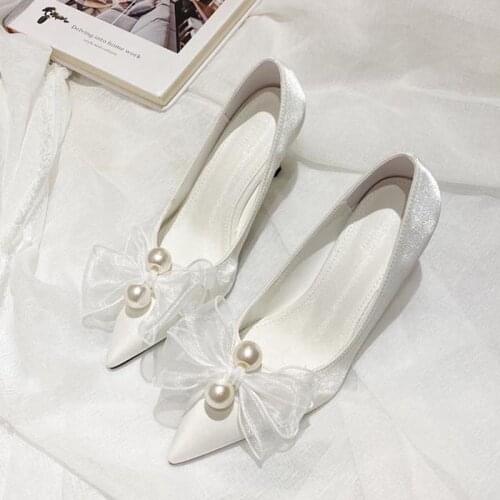 Fashion New Pearl Bow High Heel Shoes Single Shoes Fairy Style White Pointed Wedding Shoes