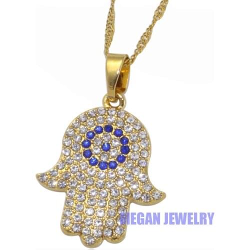 Muslim turkish Hamsa Hand Of Fatima evil eye crystal pendant & necklace for women & men, Islam Gift & Jewelry