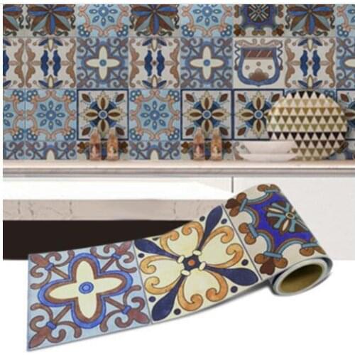 1 Roll 0.2x5m Retro Mosaic Tiles Stickers Waist Line Wall Sticker Wallpaper Kitchen Bathroom Toilet Border Waterproof Home Decor