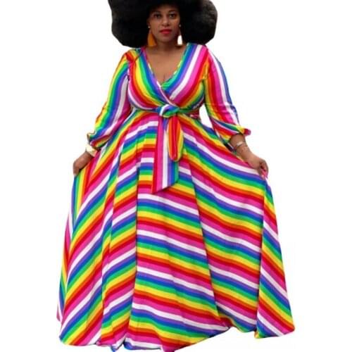 Casual 4XL 5XL Women Large Size Clothes Maxi Long Dress Rainbow Printed Long Sleeve Sexy V-neck Big Swing Flowy Plus Size Dress