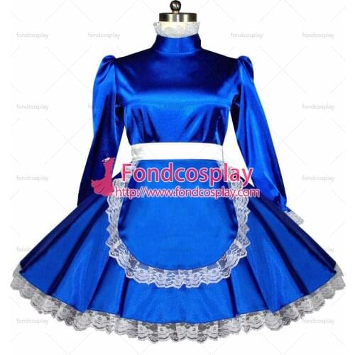 Sexy Sissy Maid Blue Satin Dress Lockable Uniform Cosplay Costume Custom-made[G558]