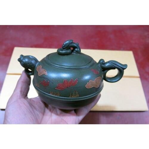 Old Chinese Handcraft Enameled YiXing Zi Sha Clay (blue stoneware) Teapot ,fish & Lotus,with mark,Free shipping