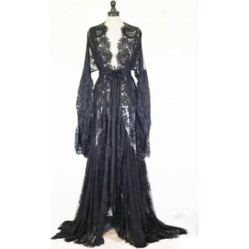 Gorgeous Black Pajamas Womens Bath Gown With Belt Full Lace Bathrobe Long Sleeves Bridal Robe Wedding Nightgown