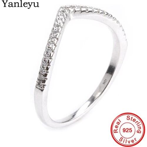 Yanleyu Wholesale Price 925 Sterling Silver Ring Tiny Cubic Zircon V Shape Curved Wedding Band Rings for Women Gift PR428