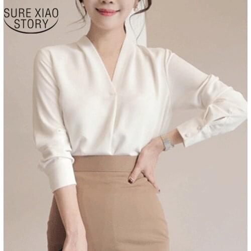 2021 Korean Style Deep V-neck Ol Wild Loose Socialite Womens Tops Summer New Long Sleeve White Chiffon Blouse Female 9382 50
