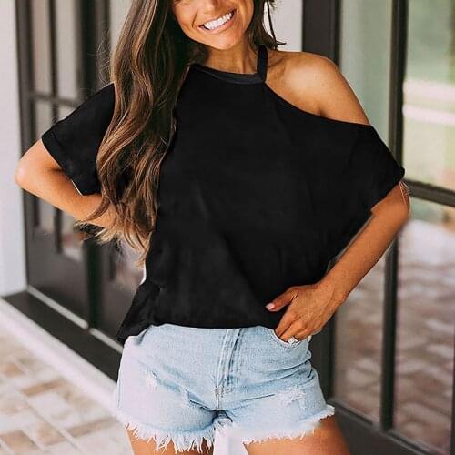 Women Tops Summer Short Sleeve Off-The-Shoulder T-Shirt Top Casual Irregular Collar Solid Pullover T-Shirt Female Basis Tops