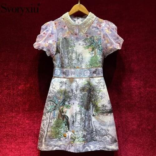 Svoryxiu Vintage Summer Short Dress Womens Fashion Puff Sleeve Embroidery Print Jacquard Runway Designer A Line Dresses
