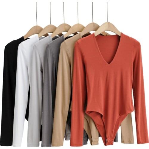 One Piece Women V Neck Solid Long Sleeve Skinny Black White Bodysuit Bodycon Jumpsuit