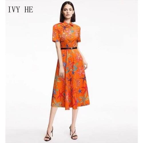 IVY HE High Quality Summer Dress Woman Clothing Bohemian Elegant Starfish Print Belt Midi Long Dress Traf Robe ZA Party Dresses