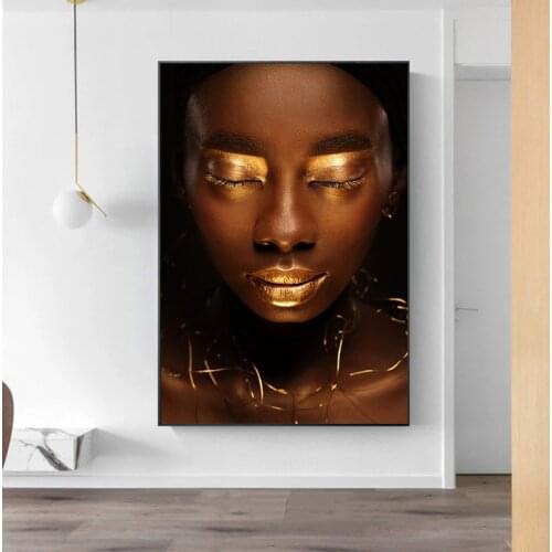 Gold Lip Nude Black African Art Portrait Canvas Painting Posters and Prints Cuadros Wall Art Pictures for Living Room Home Decor