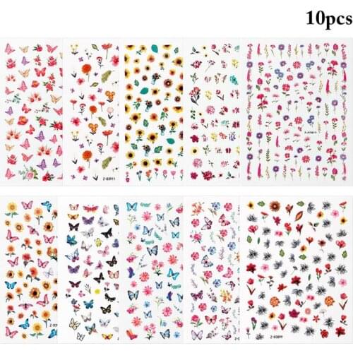 10 Sheets Kapmore Colorful Flower Pattern Nail Sticker Adhesive Nail Art Decal Fingernail Decor Women DIY Manicure Tools