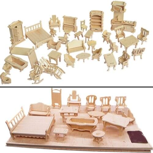 2019 Miniature 1:12 Dollhouse Furniture For Dolls Mini 3D Wooden Puzzle DIY Building Model Toys For Children Gift