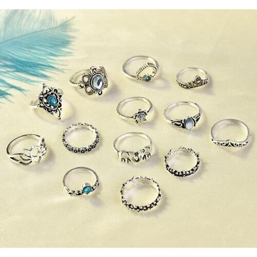 2019 New Fashion 13 Pcs/set Bohemian Retro Crystal Flower Leaves Hollow Lotus Gem Ring Set Women Wedding Anniversary Gift