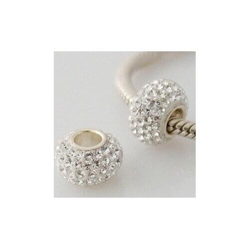 White clear 14MM 200Pcs/lot Resin OWJN Rhinestone Silver Plated Core Big Hole European Beads Fit Charm Bracelets