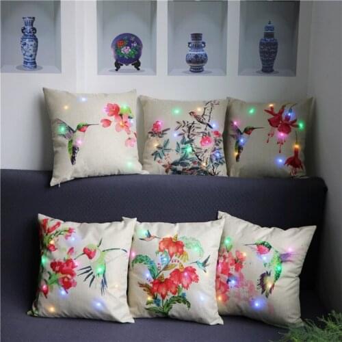 LED Light Cusion Cover Chinese Style Waterproof Fabric Flowers Birds Zip Opern Pillow Case for Living Room Car Sofa Chair