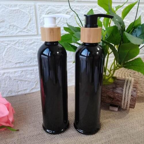 Engraving logo 100ml 200ml 250ml 500ml Black empty plastic pet shampoo lotion Pump bottle with bamboo disc top cap Bath Salt Jar