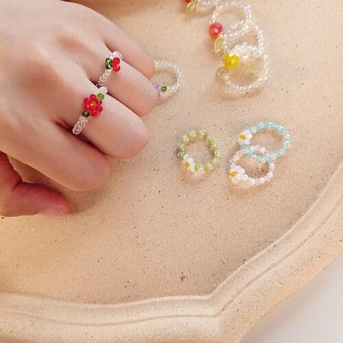Retro Sweet Crystal Flower Transparent Beaded Rings Colorful Korea Trendy Finger Ring for Women Aesthetic Jewelry Accessories