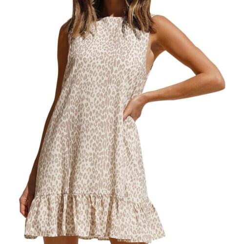 Sleeveless Leopard Print Sundress Fadeless Polyester Machine Washable Summer Ruffles Decor A-Line Mid Waist Slim Mini Dress