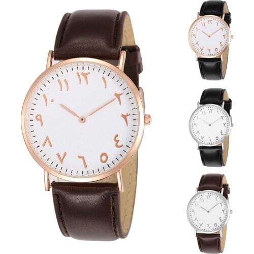 Fashion Arabic Analog Round Dial Men Women Quartz Faux Leather Band Wrist Watch