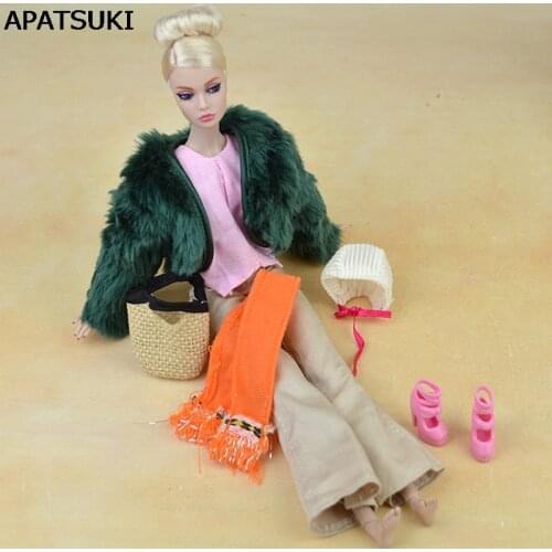 Doll Accessories Set Winter Wear Fur Coat Fashion Clothes For Barbie Doll House Pants Scarf Shoes Bags For BJD Doll