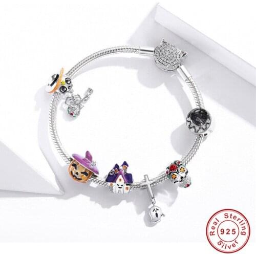 Original Halloween 100% 925 sterling silver metal beads CZ Evil Moon pumpkin Skull charm for women Pan bracelet jewelry DIY