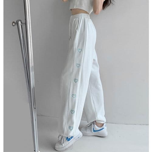 Pop Casual Loose Sweatpants Womens Thin Straight Leg Long Pants Womens Drawstring Embroidery Love Bandage Leggings Straight Leg