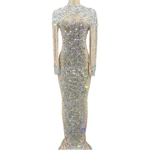 Luxurious Rhinestones Crystals Mesh Long Dresses Women Birthday Celebrate Evening Prom Gown Party Dress Singer Performance Wear