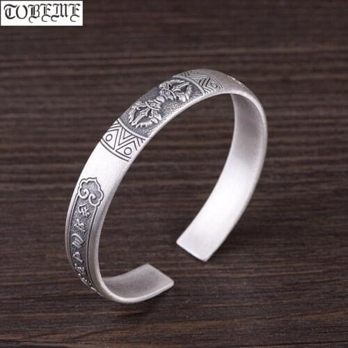 Handmade 100% 999 Silver Good Luck Bracelet Pure Silver Tibetan Six Words Cuff Bracelet Buddhist Vajra Dorje Bracelet