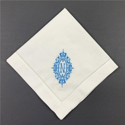 Napkins Monogrammed Dinner White linen Hemstitch Table Napkins 20"x20"Ladder Embroidered Initial N Tea Napkins