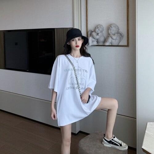 Loose original road T-shirt women 2021 summer Korean mid-length short-sleeved t-shirt women\s dress girls women\s clothing