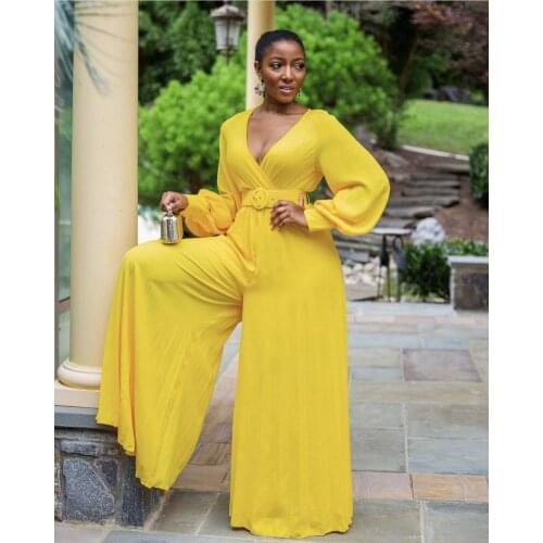 Spring and Autumn African Women Long Sleeve V-neck Yellow Long Jumpsuit African Clothes European Clothing european clothing