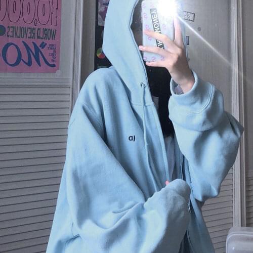 Letter Vintage Zip Up Streetwear Sweatshirts Women Harajuku Oversized Hoodies Thin Pockets Long Sleeve Clothes Korean Style Tops