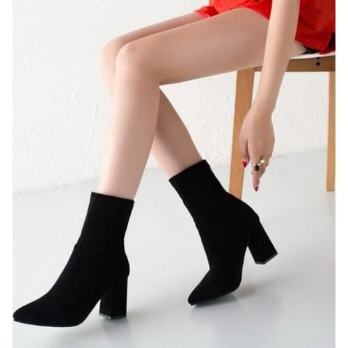 New Black Brown Flock Thick Heel Ankle Boots Women Winter Shoes Elegant High Heel Pointed Toe Keep Warm Short Booties Ladies