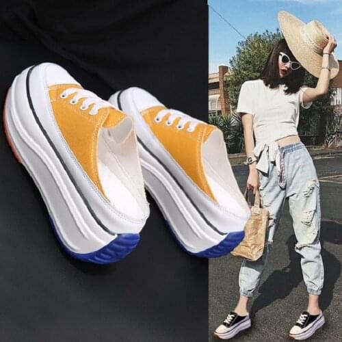 2021 Summer New Half Slippers Baotou Without Heel Inside Increase Womens Sneakers Outdoor Canvas Walking Shoes Women
