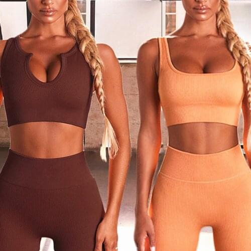 U-neckline Seamless Yoga Set Women 2pcs Crop Top Bra High Waist Leggings Sport Suit Workout Outfit Sport Gym Wear Female Clothes