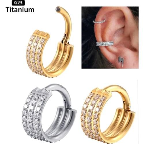 2PC F136 Titanium Piercing Earrings Nose Septum Hinged Segment 3 Rows Pave Side Helix Clicker Ear Cartilage Tragus Body Jewelry