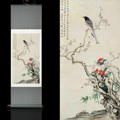 Asian Silk Scroll Picture Scroll Wall Scroll Calligraphy Hanging Artwork (bird)