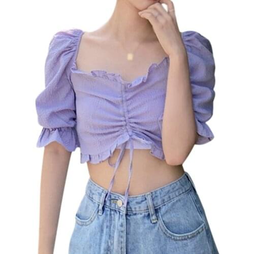 Womens Solid Color Blouses Slash Neck Short Sleeve Sweet Ladies Summer Elegant Shirt Tops