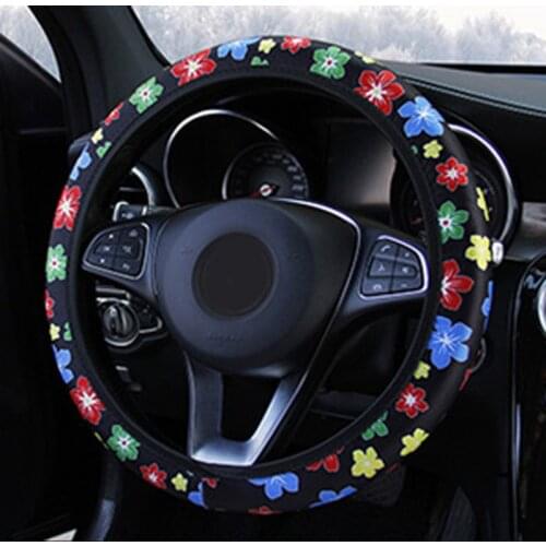 38CM Car Steering Wheel Cover Cute Flower Printed Colorful Elastic No Inner Ring Skidproof Auto Steering- Wheel Cover