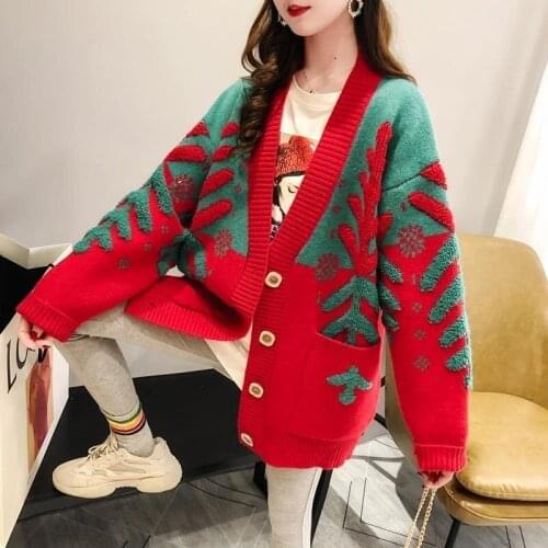 2021 Autumn Winter Women Cardigan Warm Knitted Sweater Jacket Pocket Embroidery Fashion Knit Cardigans Coat Lady Loose Sweaters