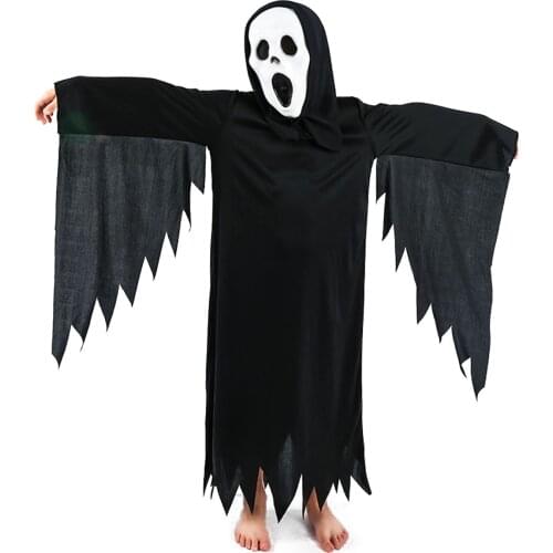 Ghost Face Gown Costume Kids Black Creepy Phantom Dress Up Boys Halloween Scary Apparition Demon Cosplay Suit With Mask
